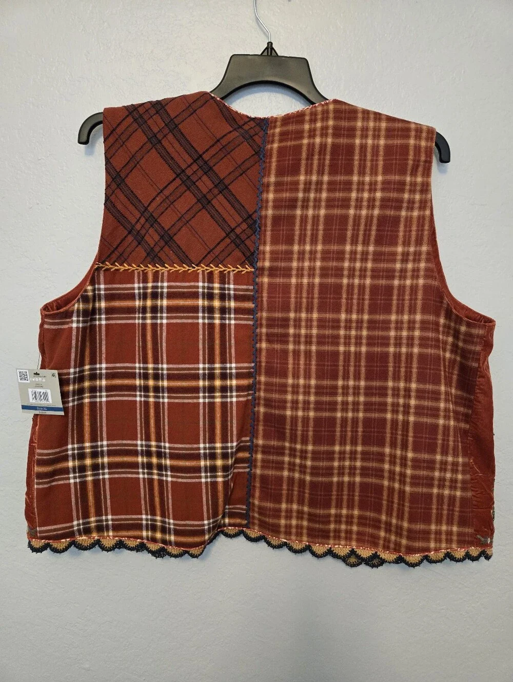 John Mark Embroidered Velvet Beaded Floral And Patchwork Plaid Open Front Vest - Picture 6 of 6